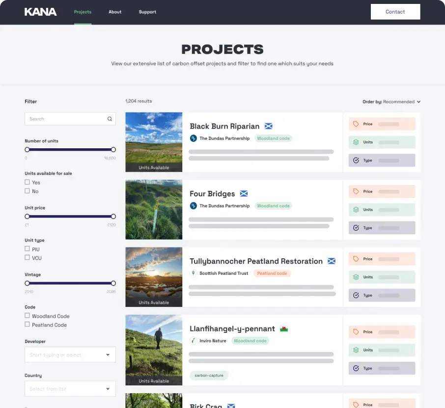 Kana Earth directory displaying a list of projects