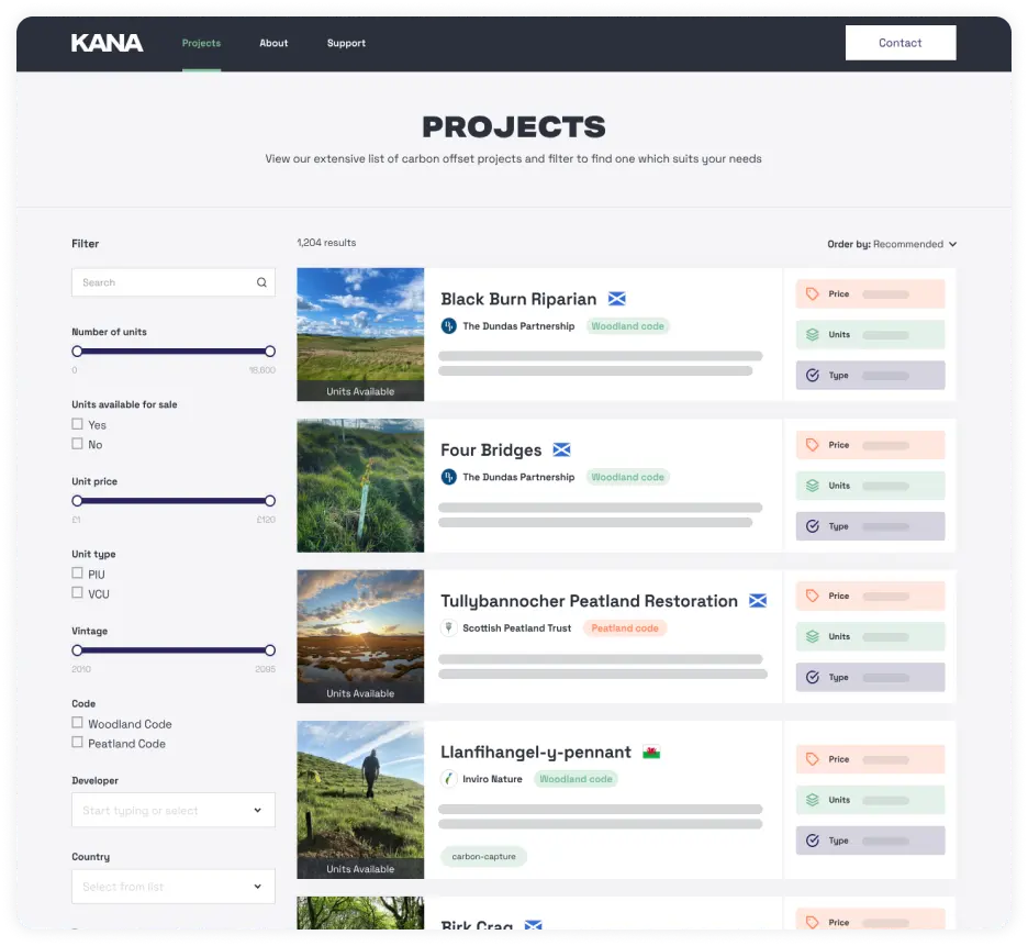 Kana Earth directory displaying a list of projects